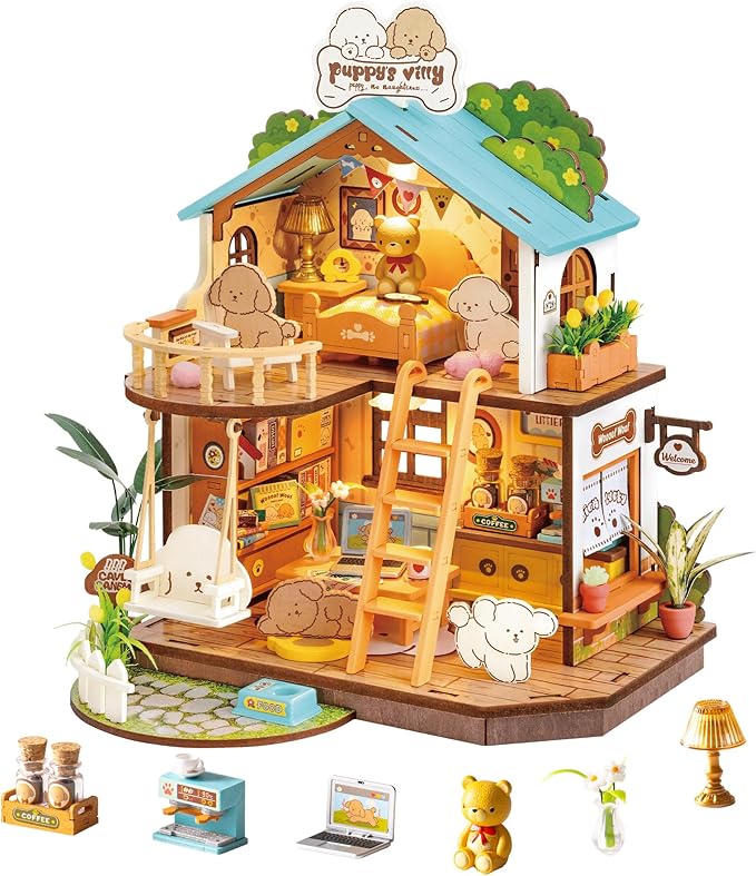 Mini Wooden Dollhouse Diorama Model, Tiny House Building Kits